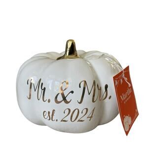 Martha Stewart MR. & MRS. EST 2025 Ceramic Pumpkin White Gold Stem Small NEW